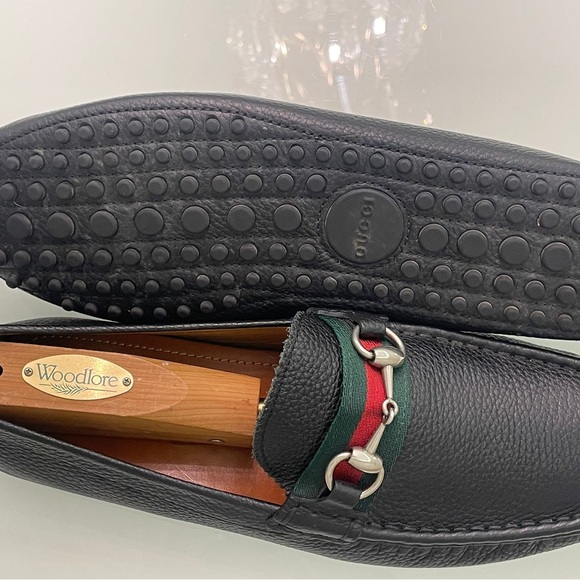 Gucci Damo Horsebit Web Silver Ribbon Black Leather Mens Loafer Shoes Size 9 US - Picture 7 of 9